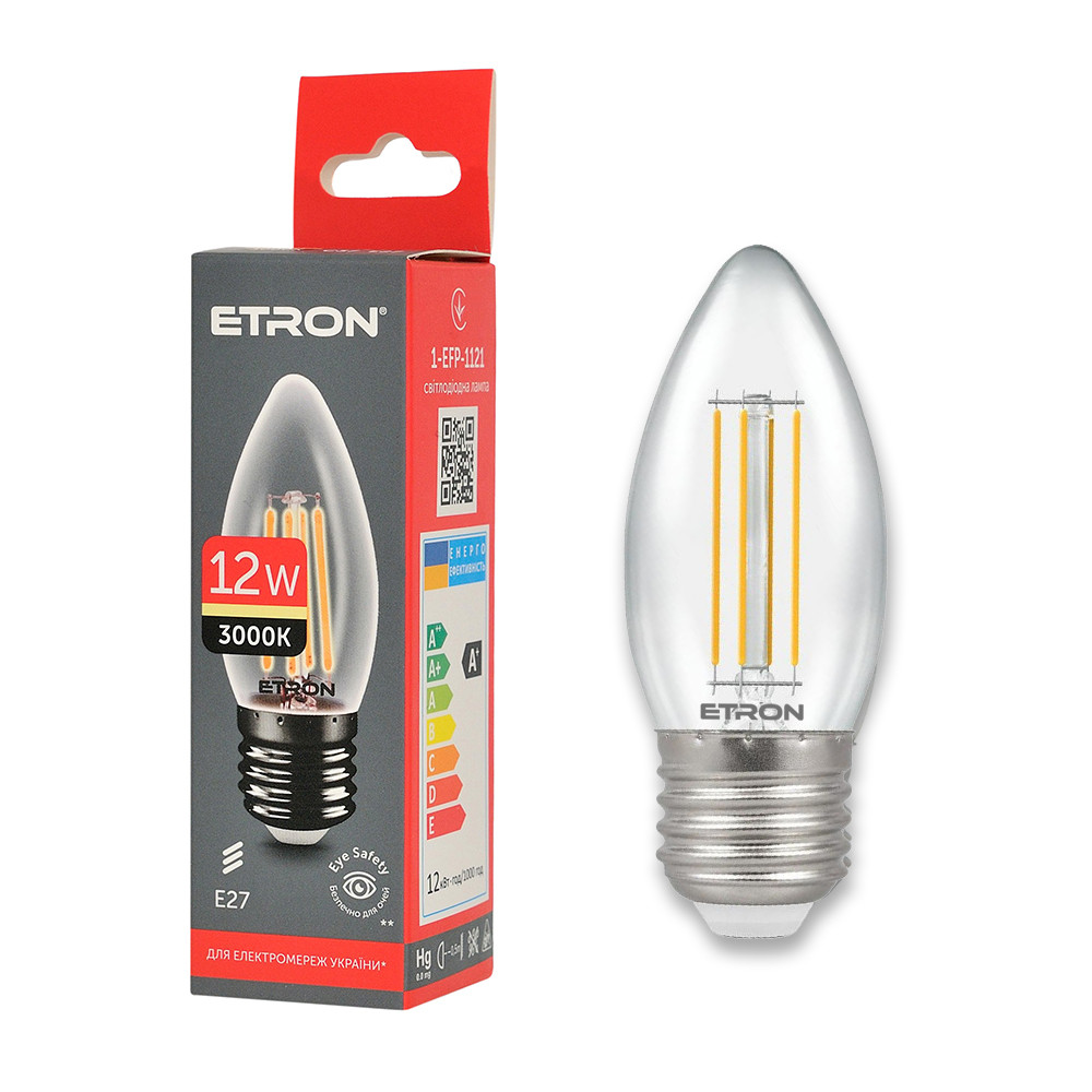 Світлодіодна філаментна лампа ETRON 1-EFP-1121 12W 3000K E27 C37, прозоре скло, тепле світло, енергозберігаюча