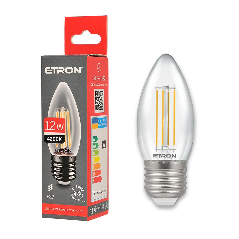 Світлодіодна філаментна лампа ETRON 1-EFP-1122 12W 4200K E27 C37, прозора, нейтральне світло, енергозберігаюча