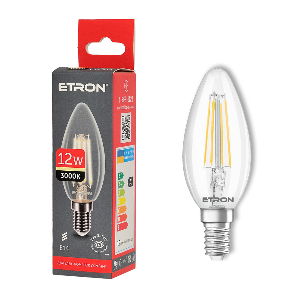 Світлодіодна філаментна лампа ETRON 1-EFP-1123 12W 3000K E14 C37 тепле світло, прозоре скло, енергозберігаюча