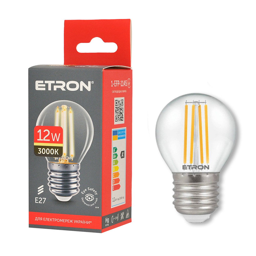 Світлодіодна філаментна лампа ETRON 1-EFP-1145 12W 3000K E27 G45, прозоре скло, тепле світло, енергозберігаюча