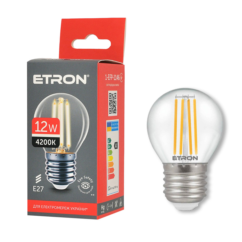 Світлодіодна філаментна лампа ETRON 1-EFP-1146 G45 12W 4200K E27 нейтральне світло, прозоре скло, енергозберігаюча