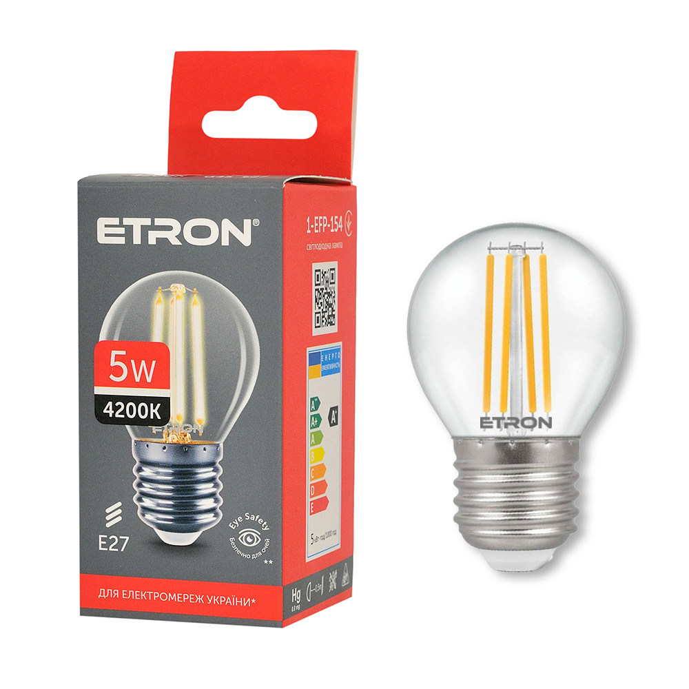 Світлодіодна філаментна лампа ETRON 1-EFP-154 G45 E27 5W 4200K нейтральне світло, прозора, енергозберігаюча