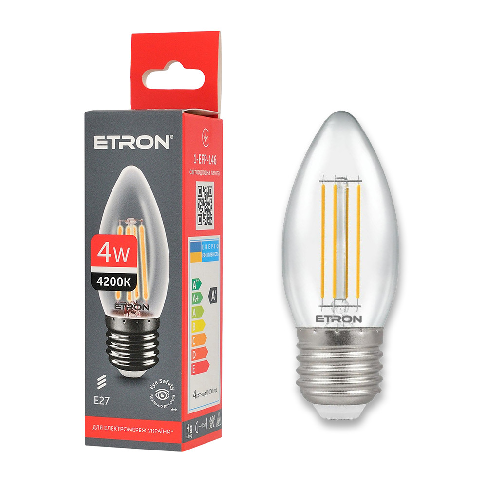 Світлодіодна філаментна лампа ETRON 1-EFP-146 4W 4200K E27 C37, нейтральне світло, прозора, енергозберігаюча