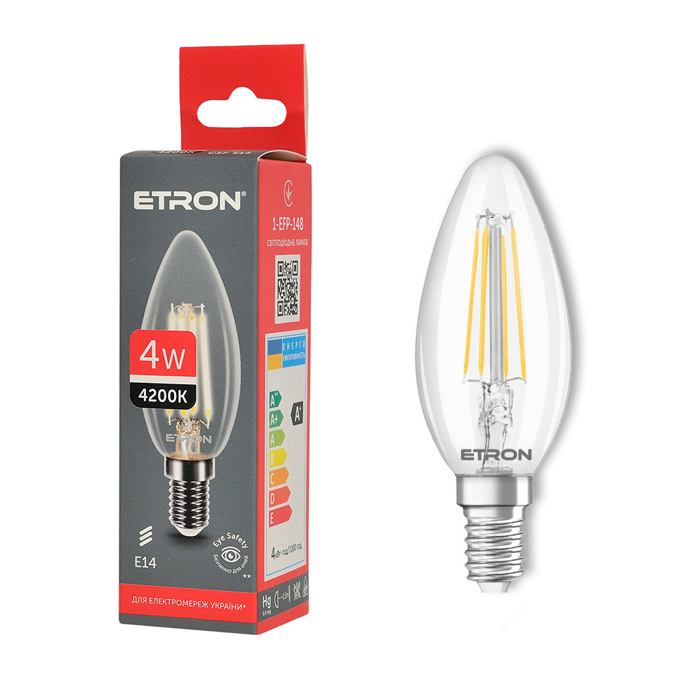 Світлодіодна філаментна лампа ETRON 1-EFP-148 4W 4200K E14 C37, прозора, нейтральне світло, енергозберігаюча