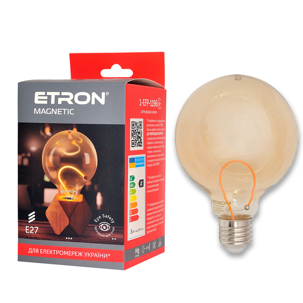 Світлодіодна філаментна лампа ETRON 1-EFP-1196 3W 1800K G95 E27 тепле світло, золота, енергозберігаюча