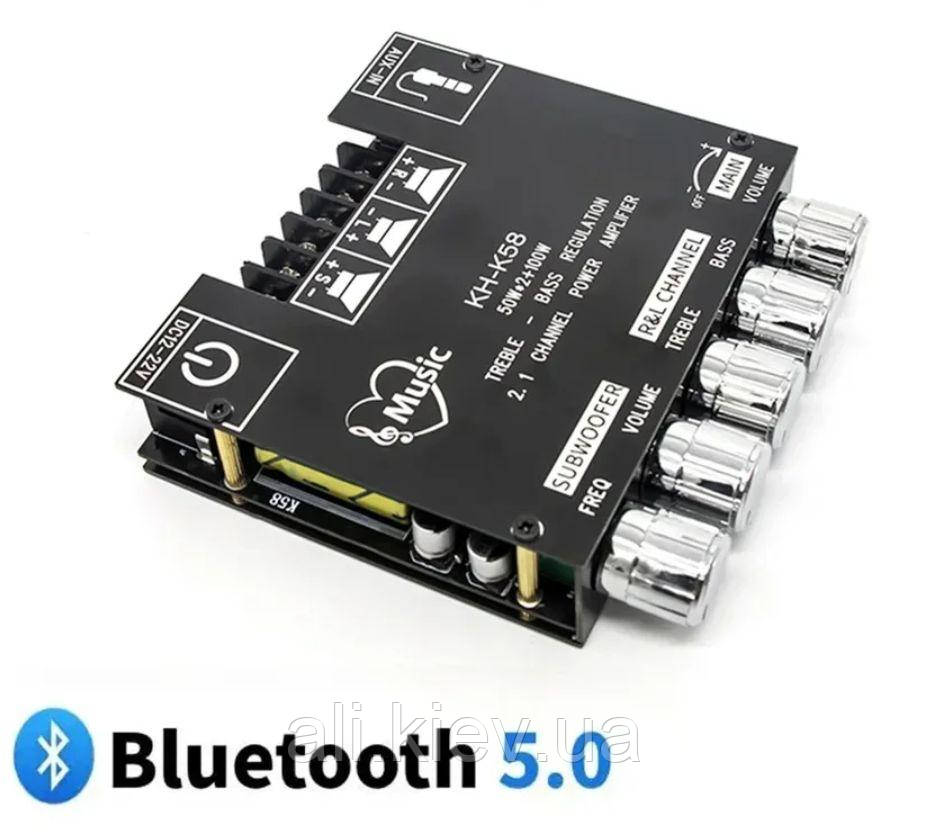 Підсилювач звуку 2.1, Bluetooth ,AUX 2x50Вт 1x100Вт 12-24в KH-K58 (ZK-MT21)