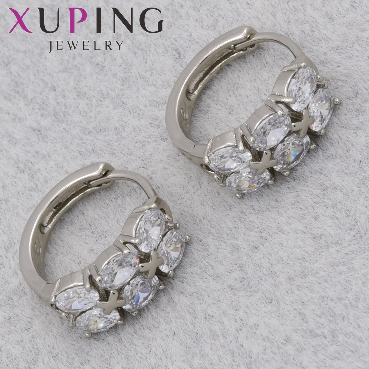 Серьги женские фирма Xuping Jewelry родий кольцо конго с переливающимися кристаллами диаметр кольца 15 мм