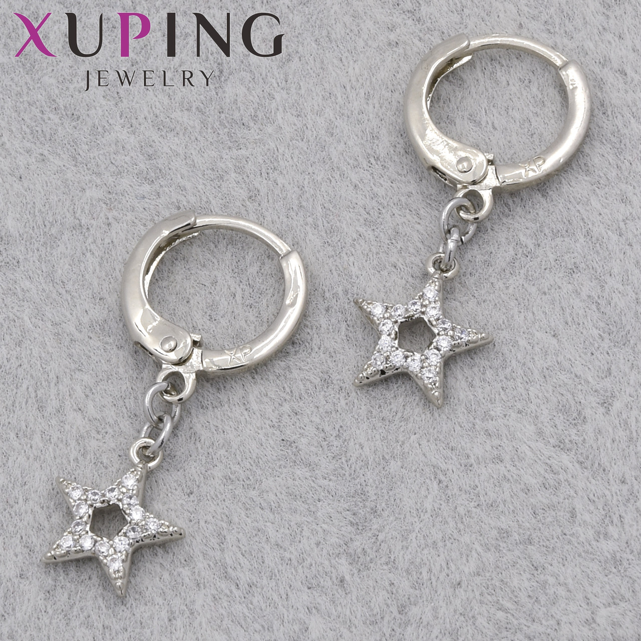 Серьги женские фирма Xuping Jewelry родий кольцо конго звёздочки с белыми стразами диаметр кольца 10 мм
