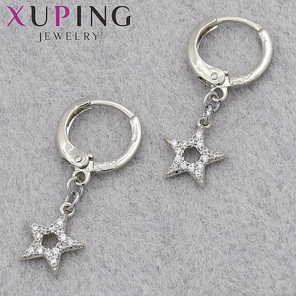 Серьги женские фирма Xuping Jewelry родий кольцо конго звёздочки с белыми стразами диаметр кольца 10 мм, фото 1