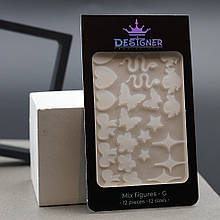 Силіконові трафарети (молди) для дизайну нігтів на верхніх формах Дизайнер, 12 шт./уп мікс розмірів Mix figures - G