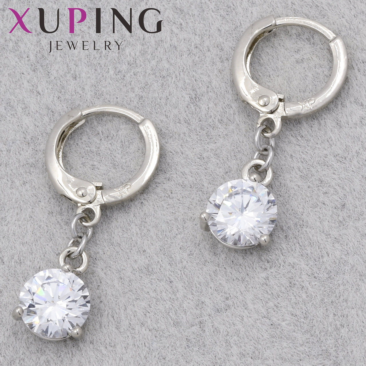 Серьги женские фирма Xuping Jewelry родий кольцо конго с белыми переливающимися стразами диаметр кольца 10 мм
