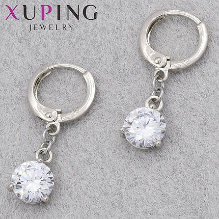 Серьги женские фирма Xuping Jewelry родий кольцо конго с белыми переливающимися стразами диаметр кольца 10 мм, фото 1