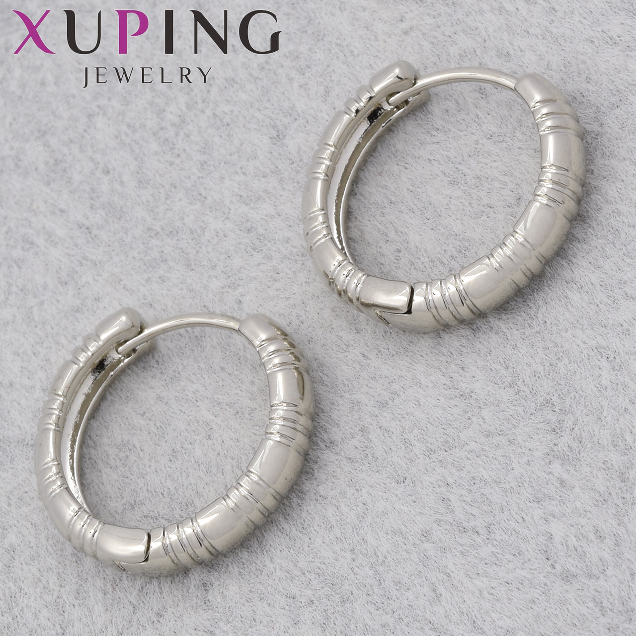 Серьги женские фирма Xuping Jewelry родий кольцо конго ребристые с узорами диаметр кольца 18 мм