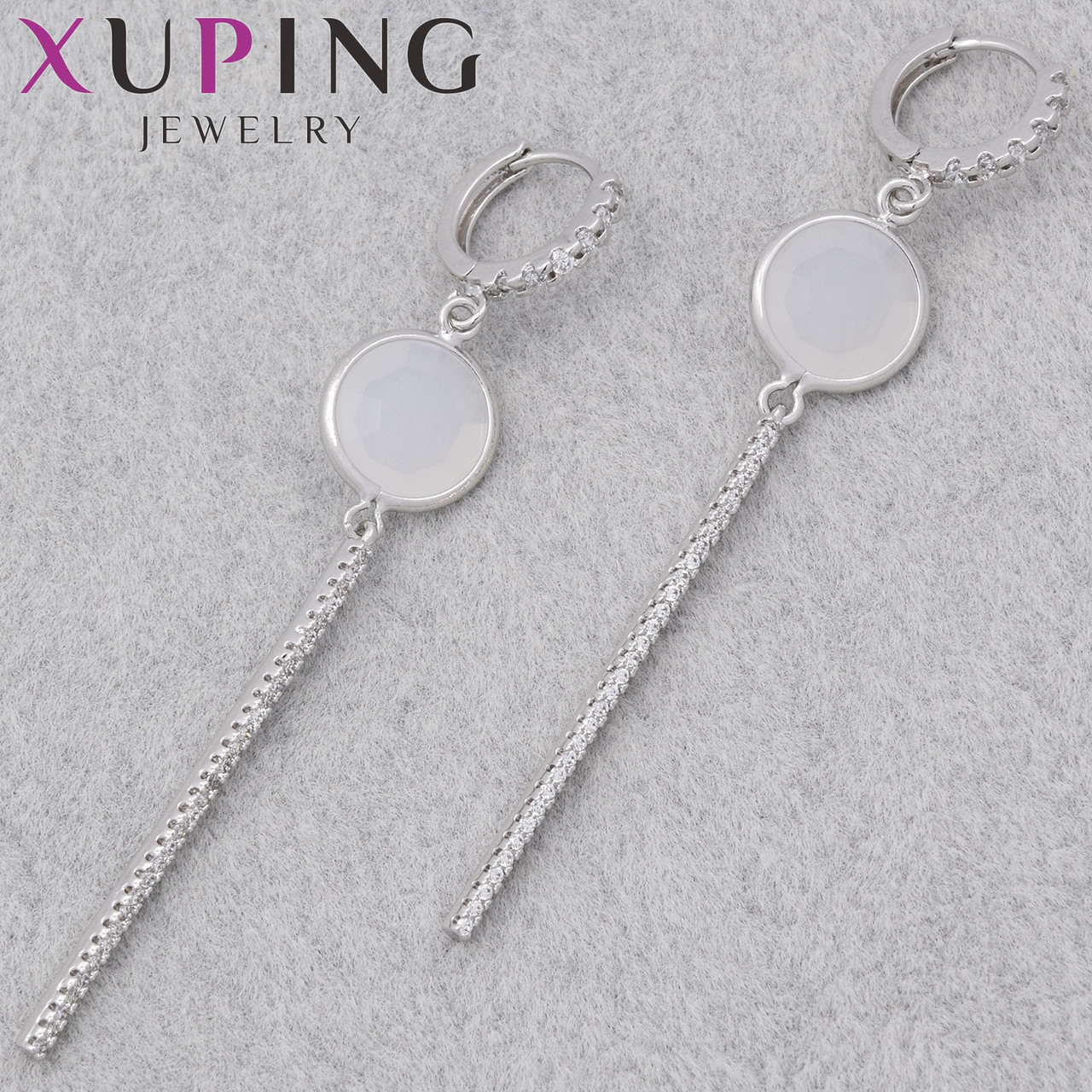 Серьги женские фирма Xuping Jewelry родий кольцо конго висюльки с молочными камушками и стразами длина 7 см