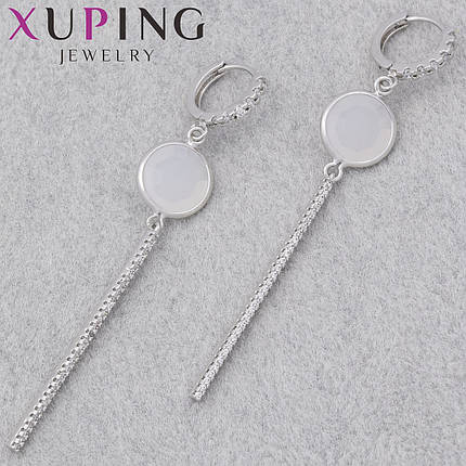 Серьги женские фирма Xuping Jewelry родий кольцо конго висюльки с молочными камушками и стразами длина 7 см, фото 1