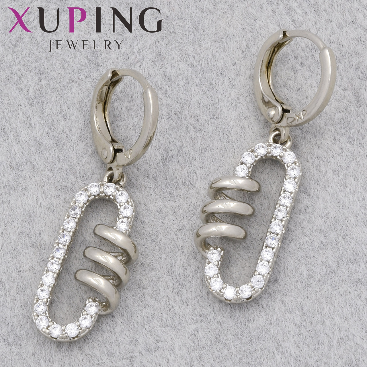 Серьги женские фирма Xuping Jewelry родий кольцо конго трубочки с белыми кристаллами диаметр кольца 10 см
