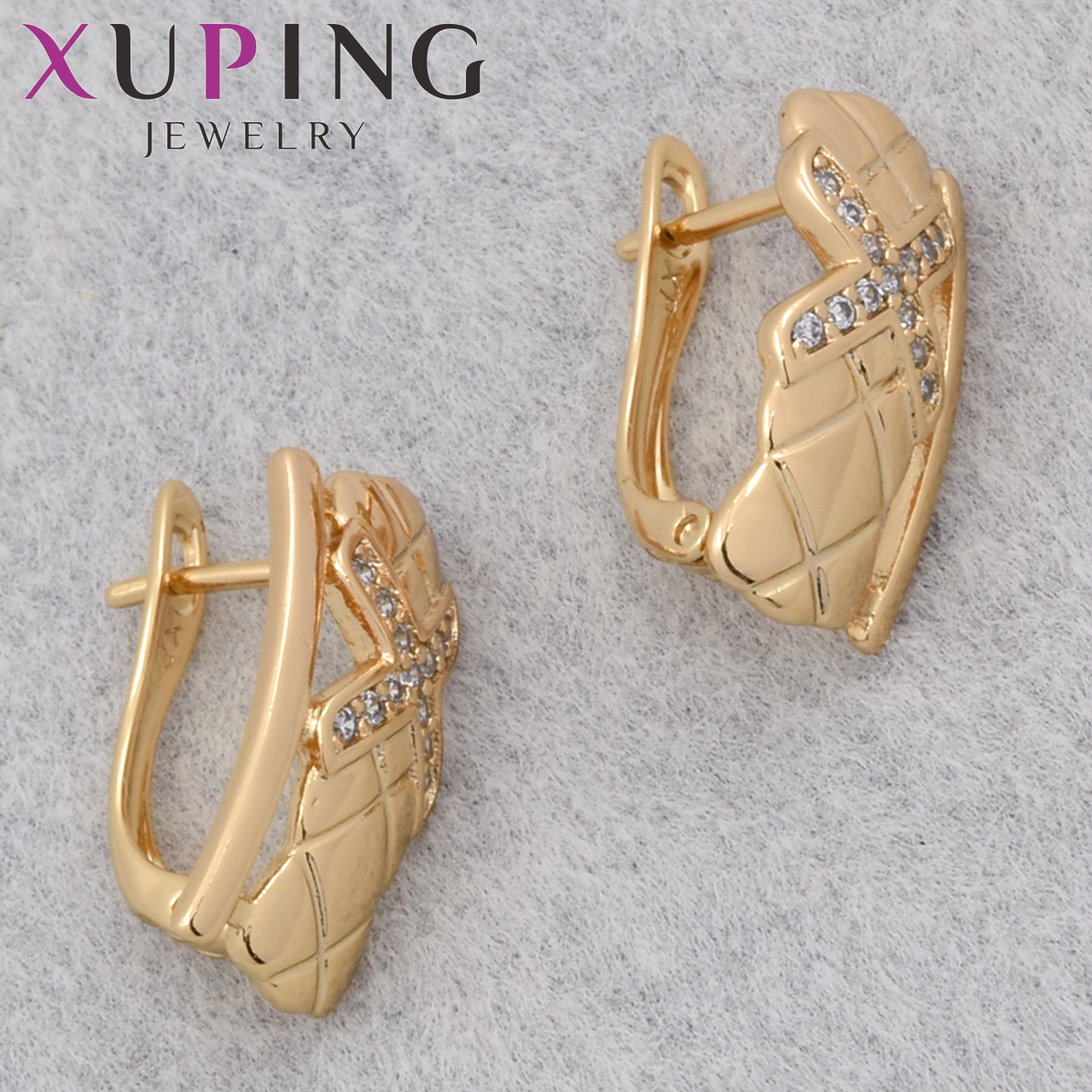 Серёжки женские позолота 18K Xuping Jewelry английская застёжка с белыми стразами и узорами размер 16х8 мм