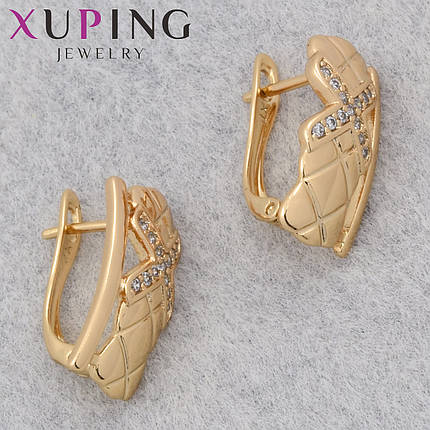 Серёжки женские позолота 18K Xuping Jewelry английская застёжка с белыми стразами и узорами размер 16х8 мм, фото 1