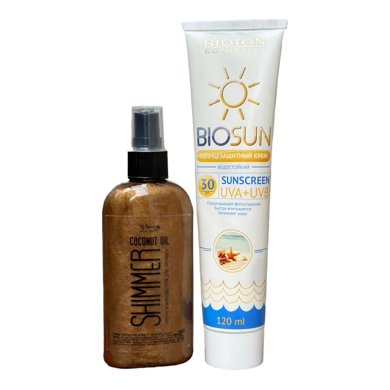 Набір сонцезахисних засобів: крем SPF 30 + олія для засмаги з шиммером Top Beauty, фото 1