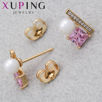 Серёжки Xuping Jewelry медицинское золото 18К гвоздики пуссеты с розовым цирконом и бусинами размер 10х8 мм, фото 1