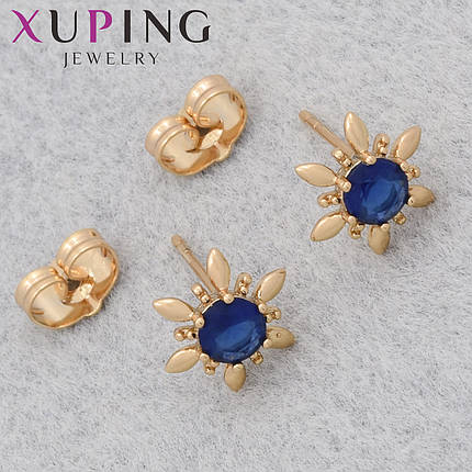 Серёжки Xuping Jewelry медицинское золото 18К гвоздики пуссеты ромашки с синими стразами размер 10х10 мм, фото 1