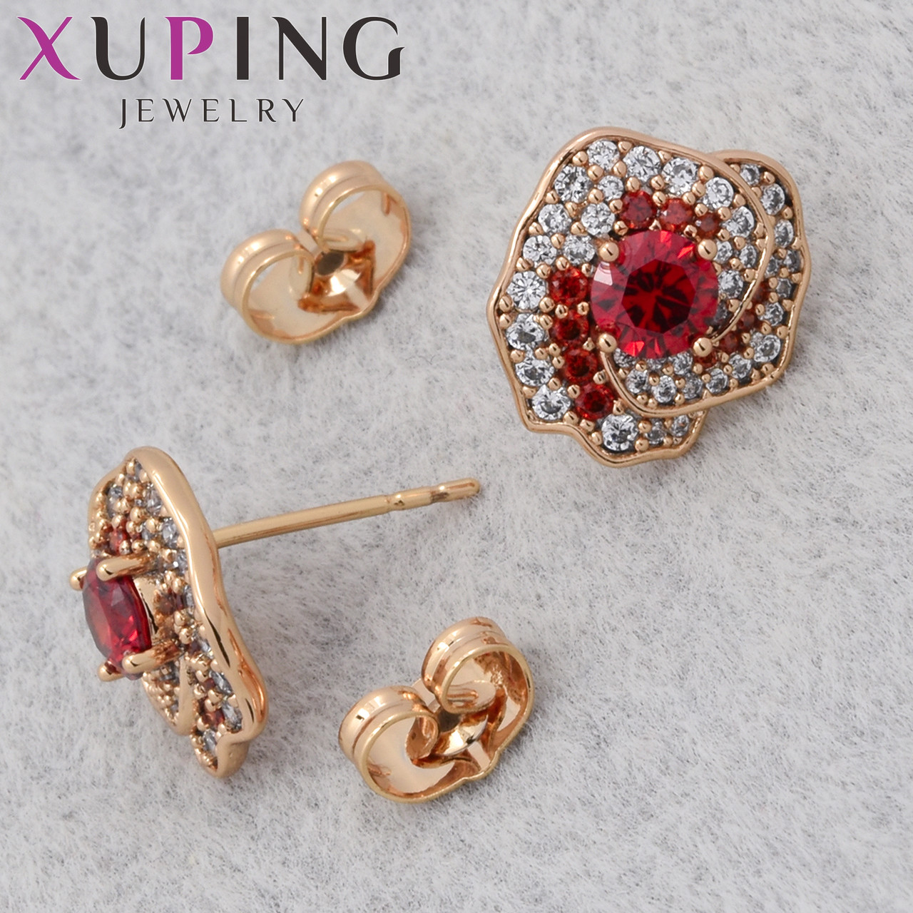 Серёжки Xuping Jewelry медицинское золото 18К гвоздики пуссеты розочки с рубиновыми стразами размер 13х13 мм