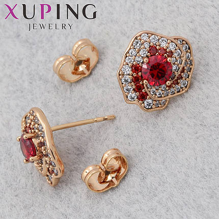 Серёжки Xuping Jewelry медицинское золото 18К гвоздики пуссеты розочки с рубиновыми стразами размер 13х13 мм, фото 1