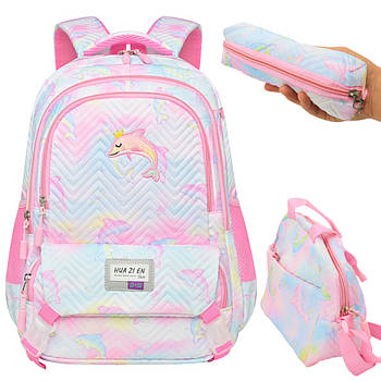 Шкільний рюкзак для дівчаток 3в1 (портфель+пенал+сумка) 43х20х31см, Дельфін, Блакитний / Портфель до школи