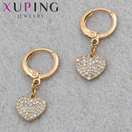 Серёжки Xuping Jewelry медицинское золото 18К кольцо конго сердечки с белыми стразами диаметр кольца 10 мм, фото 1