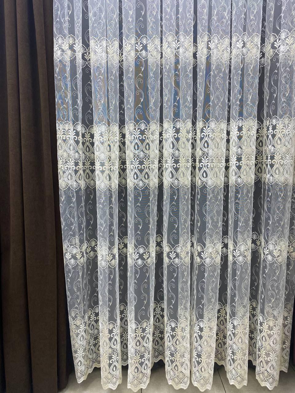 Тюль в 4 ряди вишивки на основі фатинової сітки. Колір: молочний з золотом, фото 1