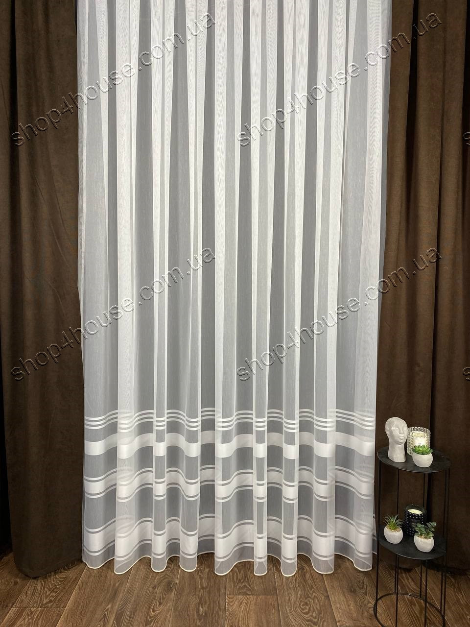 Тюль на основі бамбуку у смужку. Колір: молочний, фото 1