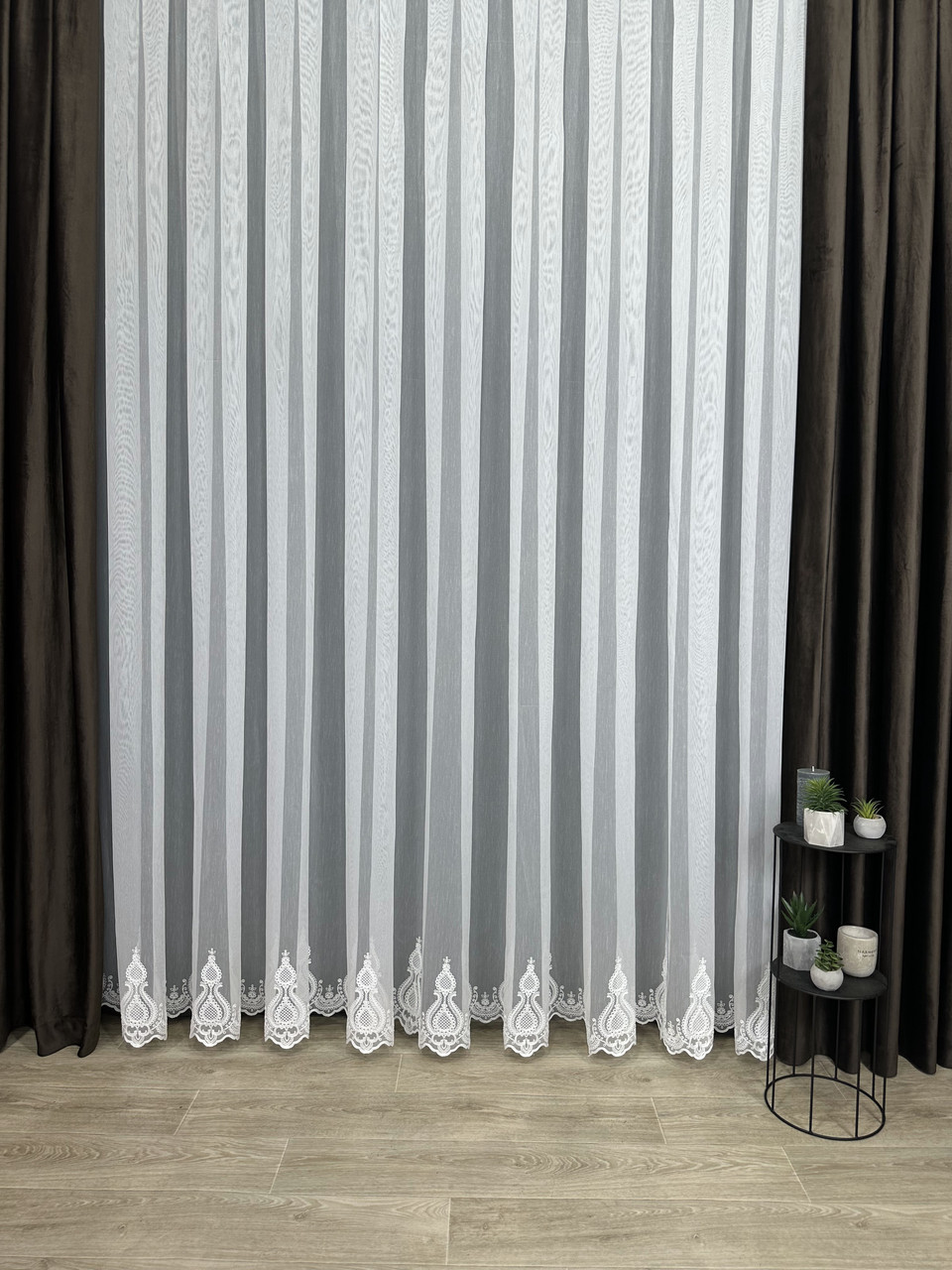 Тюль з вишитим низом на бамбуковій основі. Колір: молочний, фото 1