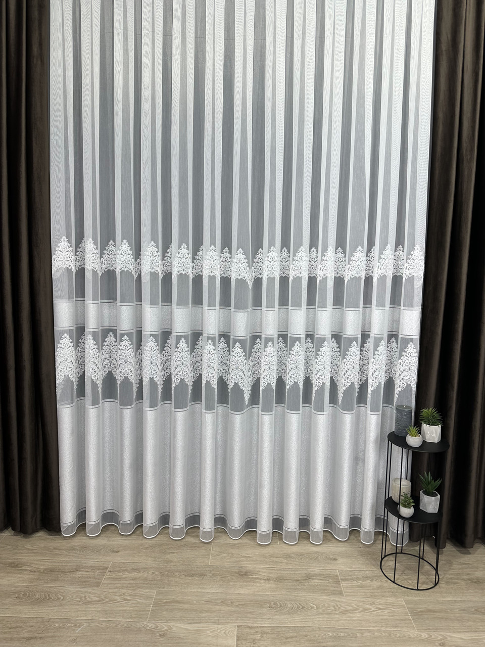 Тюль на бамбуковій основі з шеніловою вишивкою. Колір: молочний, фото 1