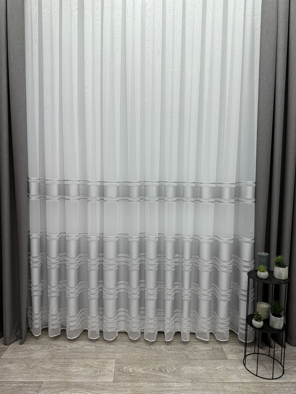 Тюль на бамбуковій основі зі смужками. Колір: світло-сірий, фото 1