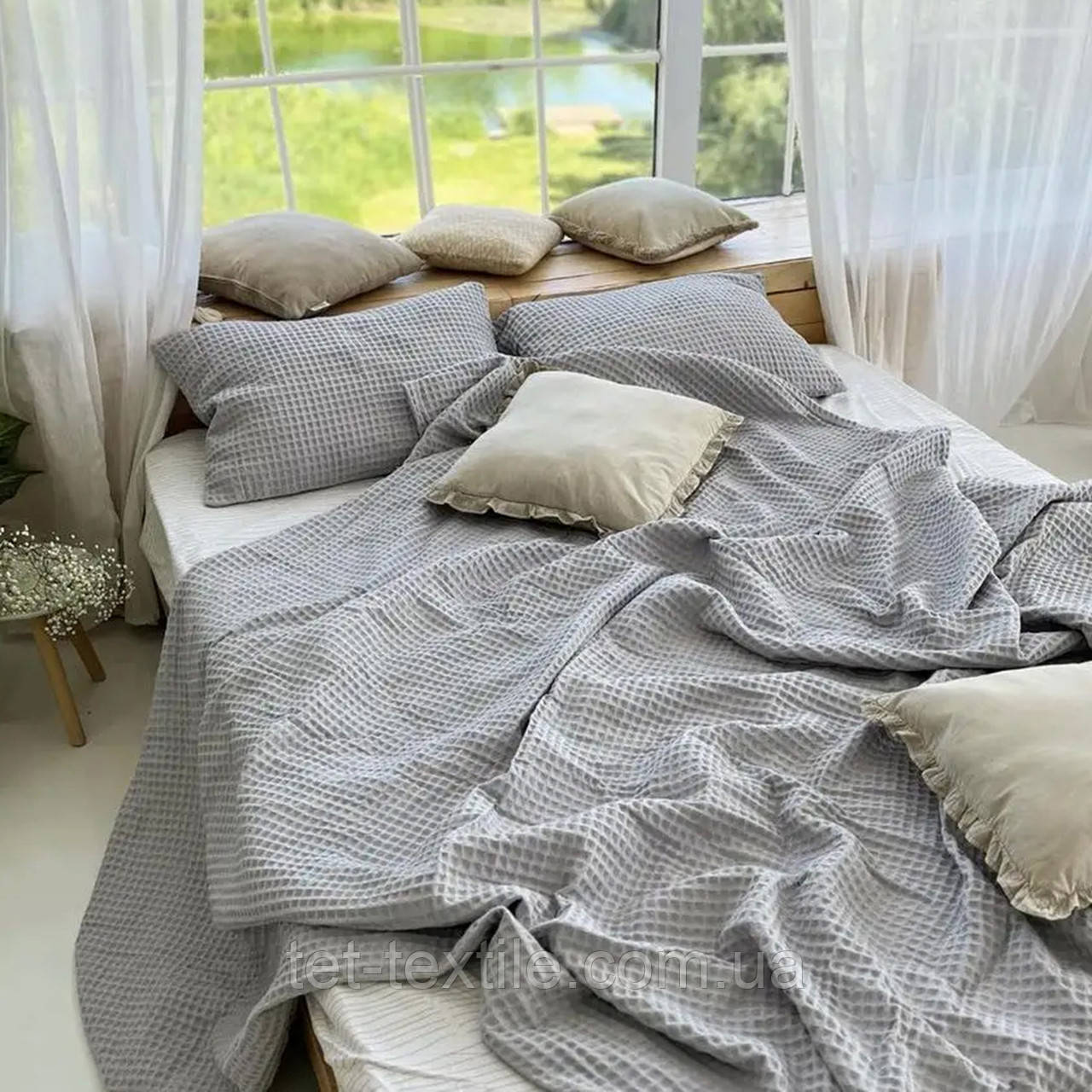 Покривало вафельне Pique з натуральної бавовни сіре 220х240см