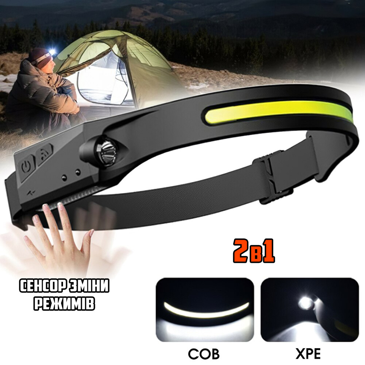 Налобний ліхтарик 2в1 BL-G28-XPE+COB із сенсором, акумулятором і USB заряджанням, для риболовлі та кемпінгу