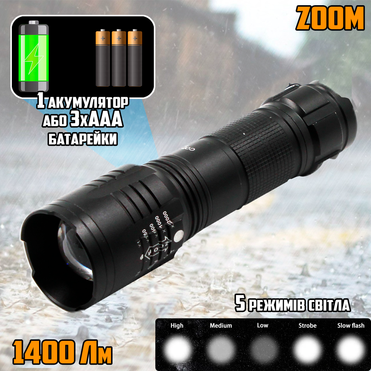 Фонтар ручної тактичний 8900BL-P50 алюмінієвий корпус, ZOM світла, 5 режимів, стробоскоп SOS