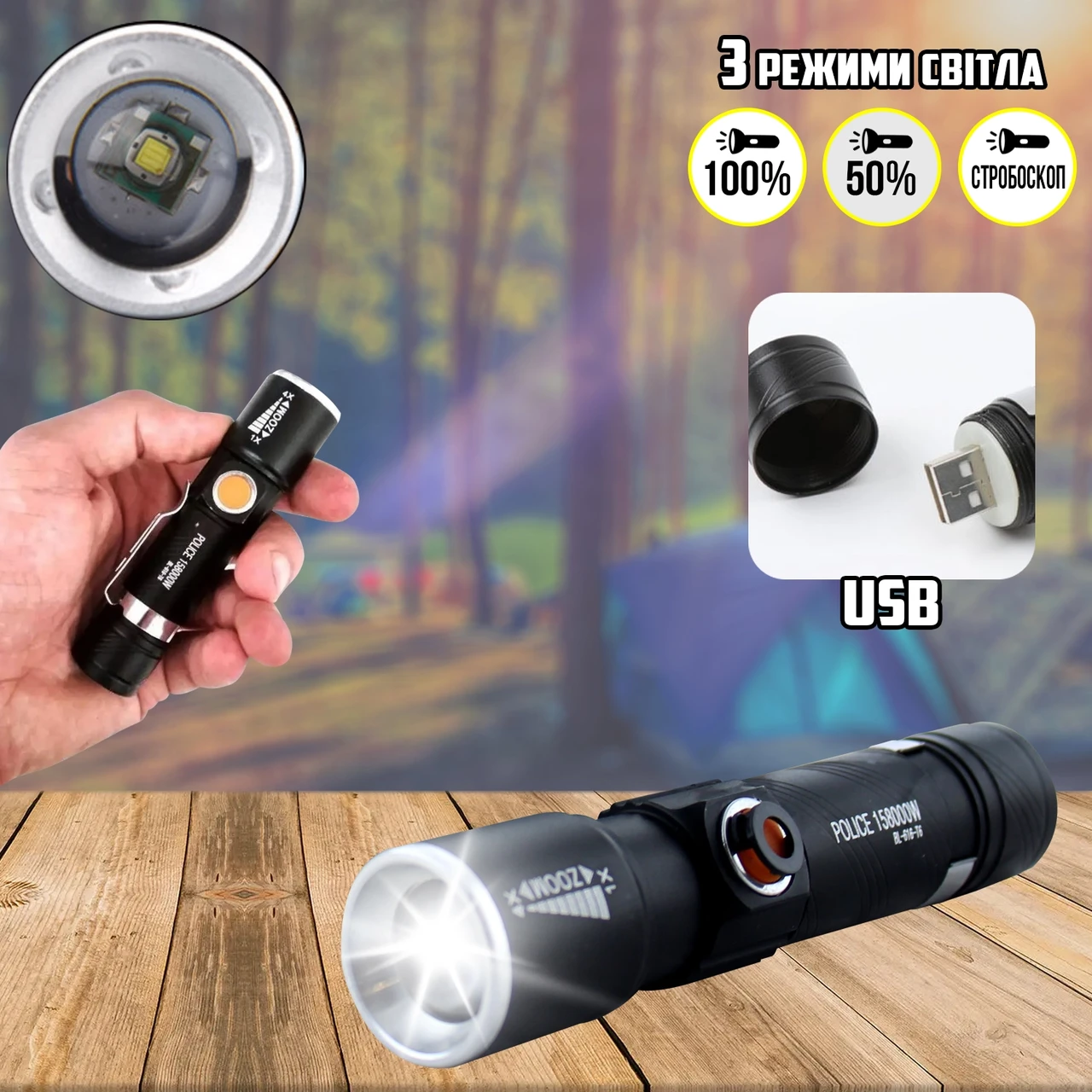 Ліхтарик ручний тактичний XBalog XB616-Zoom масштабоване світло, 3 режими, діод Т6, акумулятор, USB