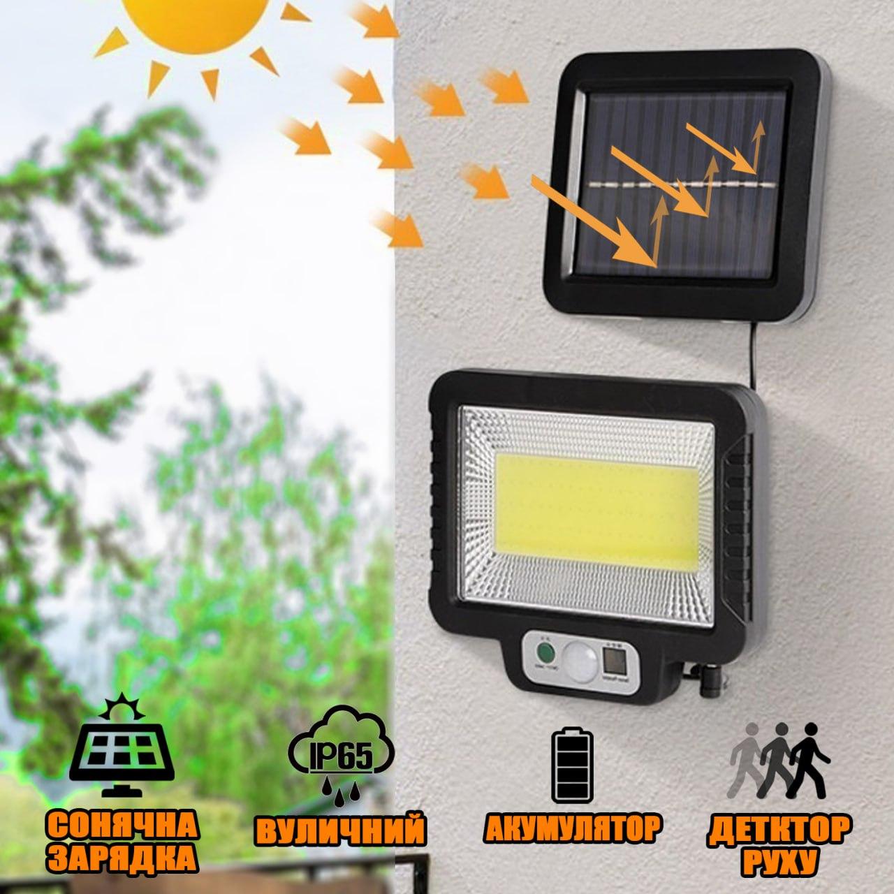 Вуличний прожектор із сонячною панеллю та пультом ДК Solar 180 LM з датчиком руху, вологозахищений
