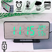 Електронний годинник настільний LED-888Y дзеркальний, з будильником, термометром і гігрометром, USB