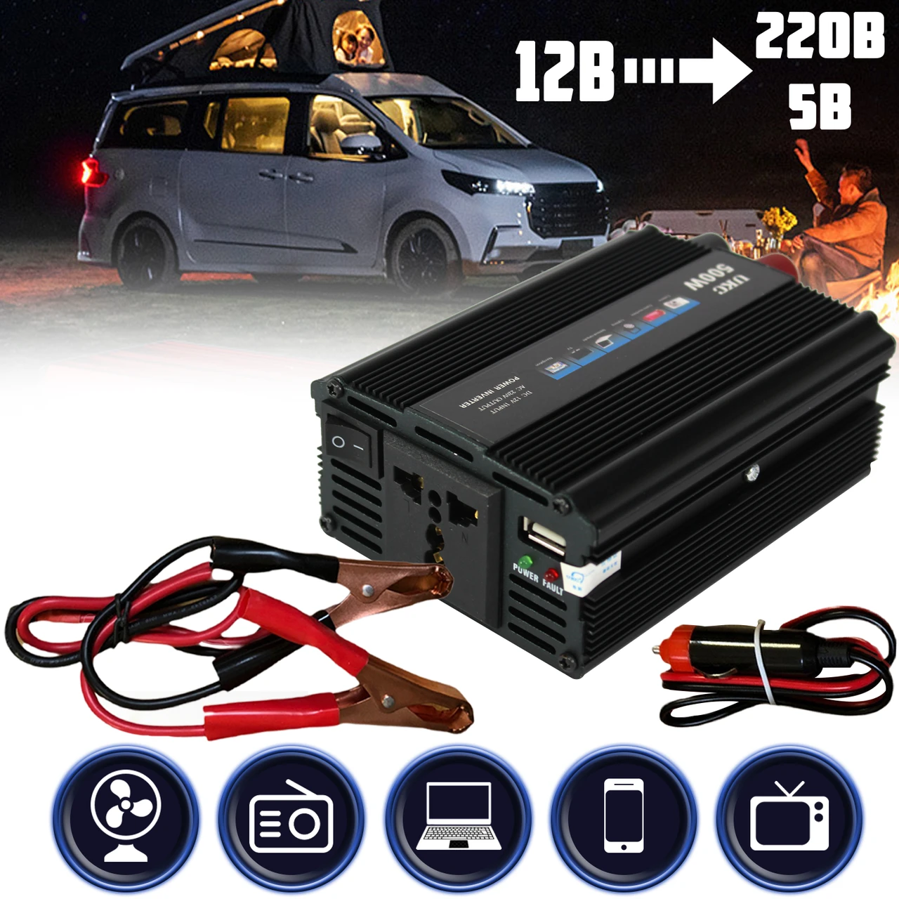 Перетворювач постійного струму інвертор IPower-SSK500 Вт, USB, запобіжник, кулер, DC/AC 12/220В
