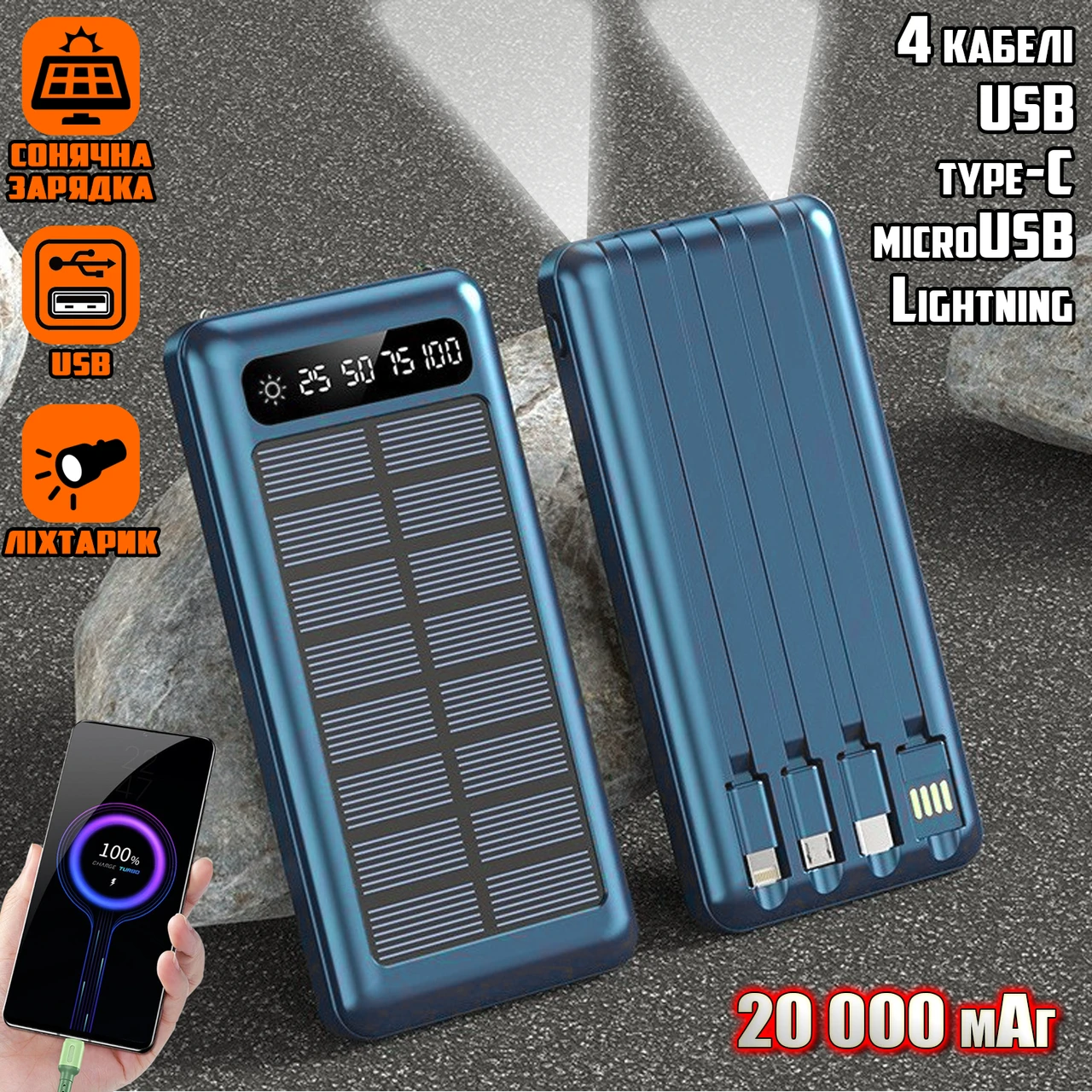 Power Bank SP20 20000 mAhсонячна зарядка, ліхтарик, USB, кабелю MicroUSB/Lightning/Type-C/USB Блакитний