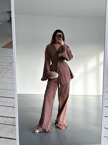 Костюм (кімоно+пояс+штани), щільний льон жатка 42-46 (one size) (4) Сін824-1576, фото 1