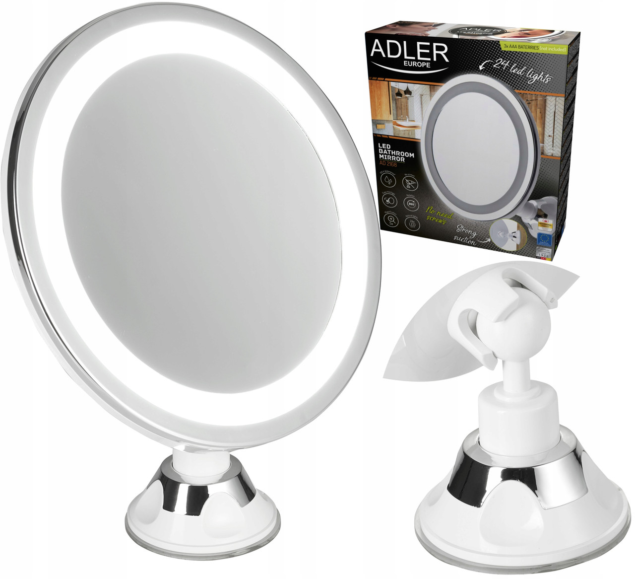 Косметичне дзеркало Adler AD 2168 — 5-кратне збільшення, Поворотне, LED-підсвітка, Присоска