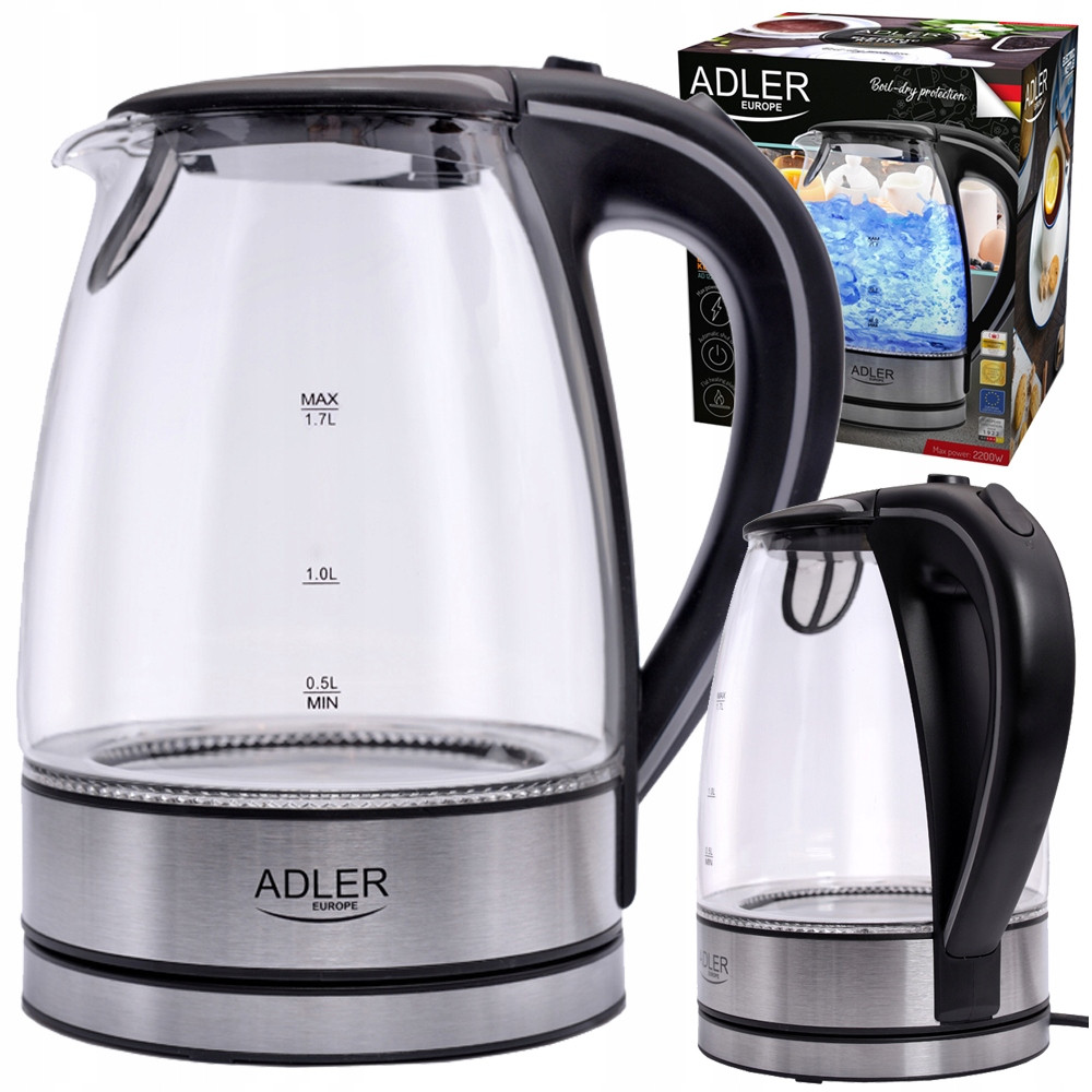 Електрочайник Adler AD 1225 1,7 л, 2200 Вт, скляний корпус з LED-підсвіткою