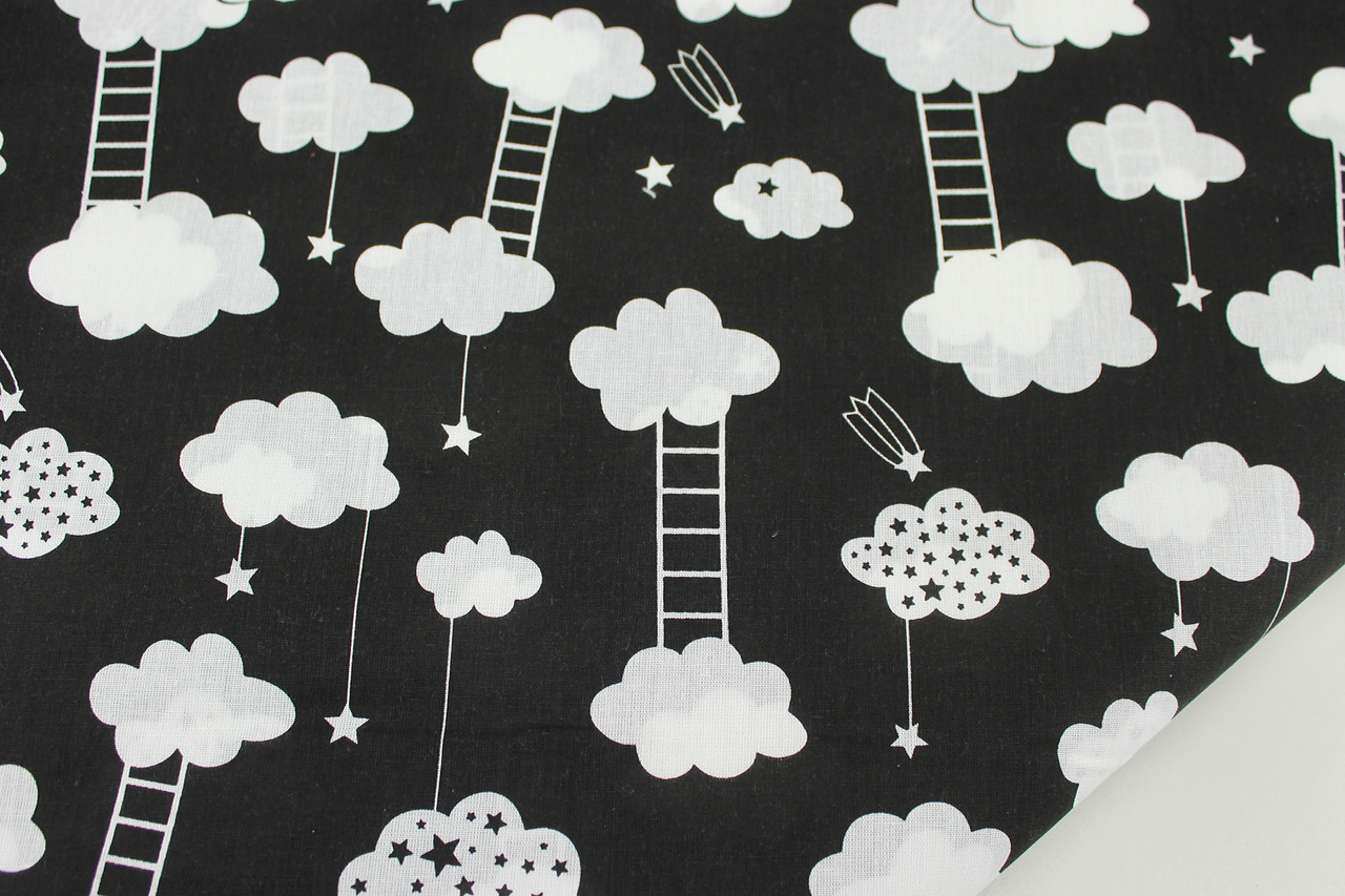 БРАК. Бавовняна тканина "Облака та драбинки" на чорному тлі No349-01, фото 1
