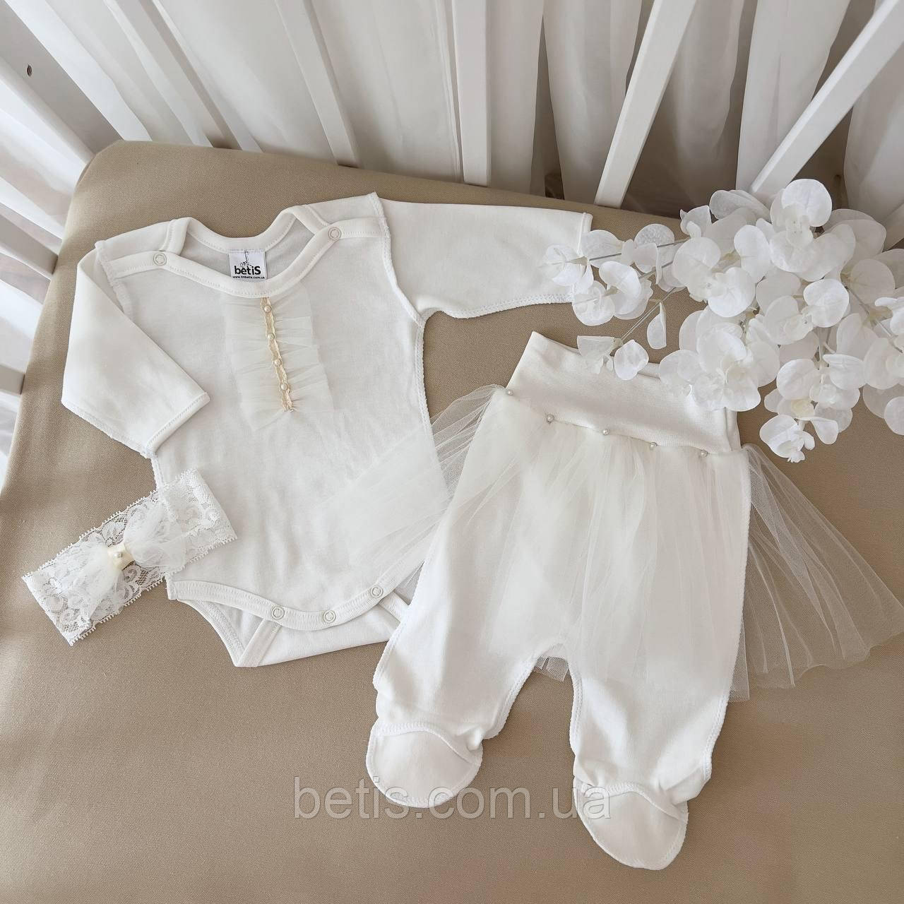 К-м "Бусінка" д.р.Дівчинка боді,повзуни,пов'язка Молочний Інтерлок арт.27082332 Зріст 50-38(р), фото 1