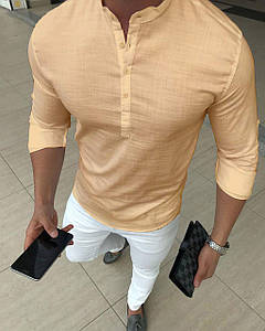 Чоловіча сорочка льон із довгим рукавом бежева чоловічі сорочки лляні на трьох ґудзиках із бавовни