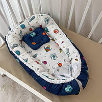 Кокон Міні "Космос" з ортопедичним матрацем та подушкою Біло/синій Поплін(наповнювач-силіконізовані