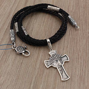 Срібний хрестик з цепочкою із шовку. Хрест "Образ" та шовковий шнурок зі срібними вставками і замком. 50 см